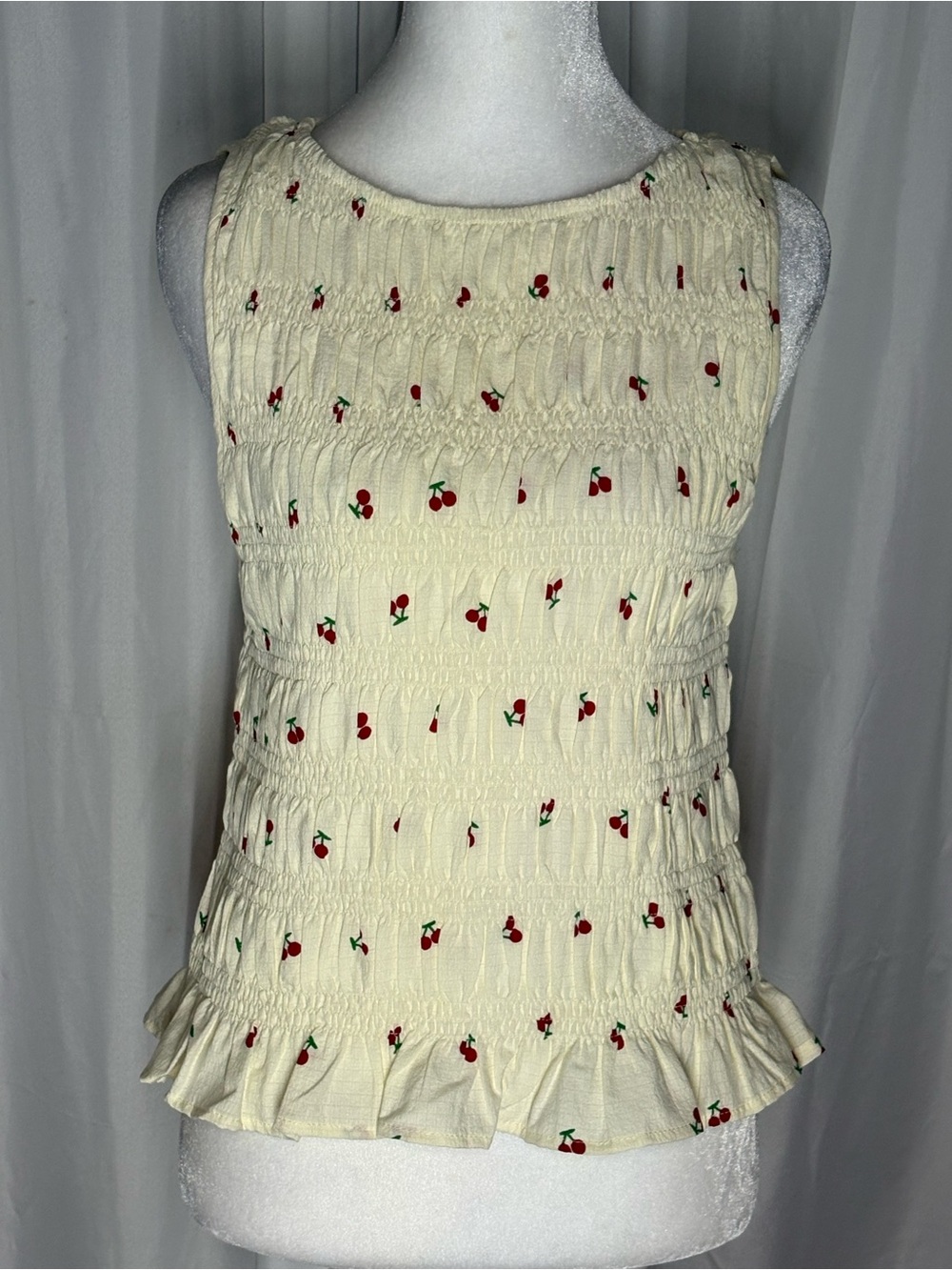 SHEIN Poeselle Cream Smocked Ruffle Sleeveless Top with Cherries Size L - Picture 3 of 7